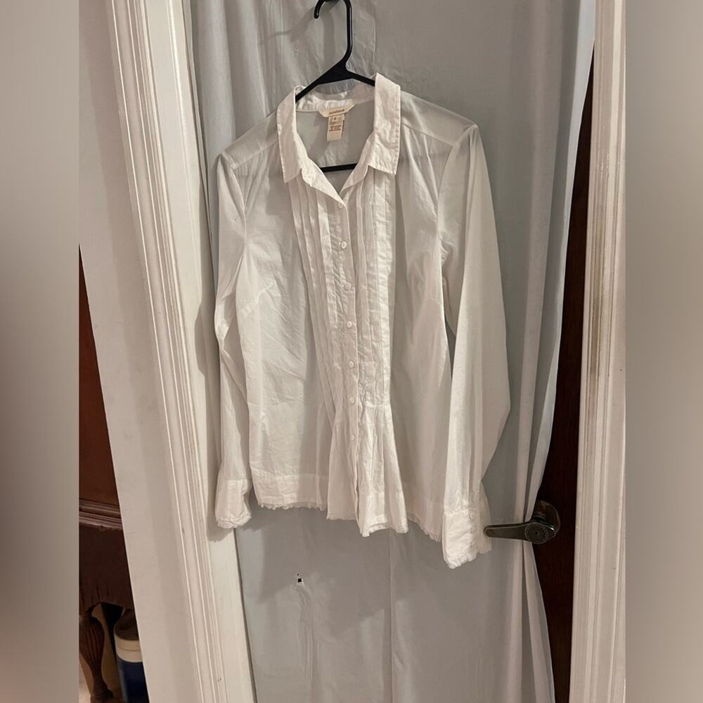 Sundance white button down pleated front raw edge hem shirt size s
